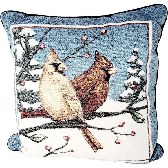 Vtg Cardinal Needlepoint Accent Throw Pillow Winter Forest Blue Red Birds - Picture 1 of 7